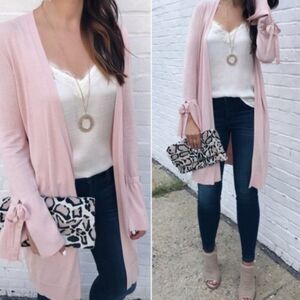 Halogen Cardigan Sweater Womens Lightweight Long Whimsical Bell Sleeves Pink L